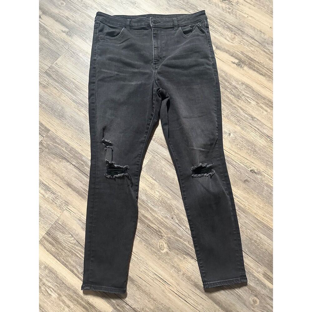 American Eagle High Rise Next Level Stretch Distressed Jeans Black Women Size 18